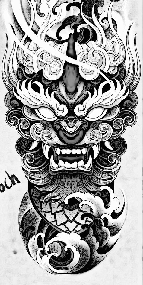 Stomach Tattoo Men Ideas, Braveheart Tattoo, Komainu Tattoo, Japanese Forearm Tattoo, Calf Tattoo Ideas, Foo Dog Tattoo Design, Half Sleeve Tattoos Sketches, Samurai Tattoo Sleeve, Foo Dog Tattoo