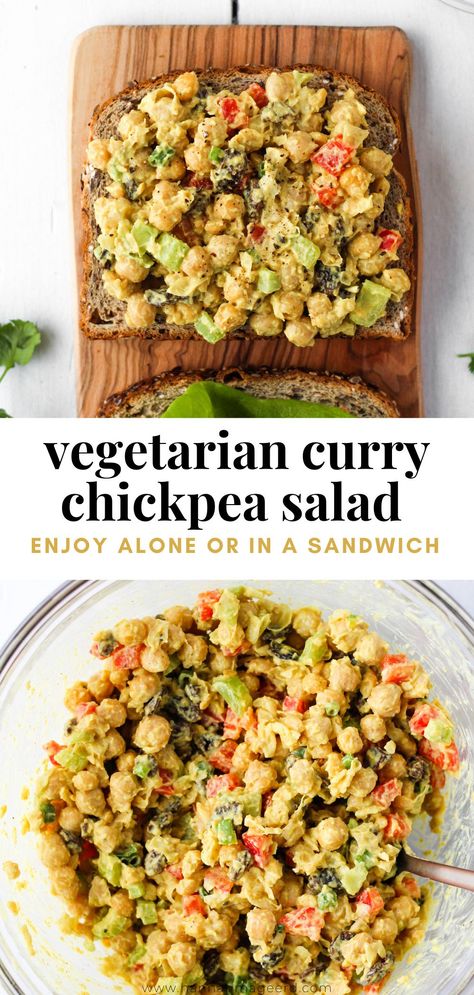 Add this Curry Chickpea Salad to your meal-prep roster! It’s simple to make and a perfect healthy lunch option as it’s packed with veggies, plant-based protein and fibre. Enjoy on it’s own or on a sandwich! #vegetarian #chickpeasalad #currychickpeas #chickpeasandwich #sandwich #glutenfree #healthylunch #mealprep Fresco, Curry Chickpea Sandwich, Chickpea Salad Curry, Curried Chickpea Salad Sandwich, Curry Chickpea Salad Sandwich, Curry Salad Recipes, Chick Pea Salad Sandwich, Beach Salad, Curry Chickpea Salad