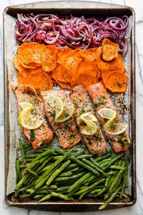 Real Food Dietitians, Salmon And Sweet Potato, Oven Baked Salmon, Baked Veggies, Healthy Salmon Recipes, Healthy Salmon, Pan Dinners, Baked Salmon Recipes, Pan Recipes