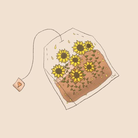 I made a cosy illustration of a sunflower tea bag ! Prints are available on INPRNT 🌿 Croquis, Sunflower Widget Aesthetic, Tea Bags Aesthetic, Tea Bag Aesthetic, Coffee Time Illustration, Tea Shop Drawing, Tea Bag Illustration, Tea Art Illustration, Tea Illustration Art