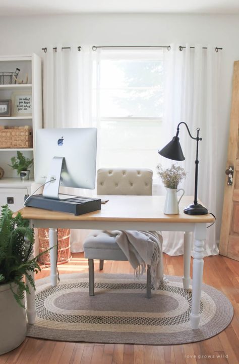 Learn how to hide annoying computer cords from LoveGrowsWild.com - perfect for when you don't want your desk shoved against a wall! Small Home Office Furniture, Home Office Furniture Design, Home Office Layout, Cozy Home Office, Office Remodel, Office Lounge, Office Furniture Design, Office Layout, Cosy Home