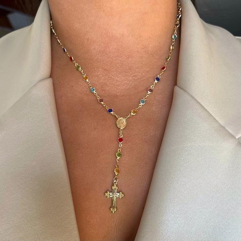 Multicolor Rosary Necklace 18K Gold Filled 18 Inches... - Depop Gold Rosary Necklace, Saint Necklace, Gold Rosary, Layered Necklaces Silver, Rosary Necklace, Stacked Jewelry, Jewelry Lookbook, 2024 Vision, Dream Jewelry