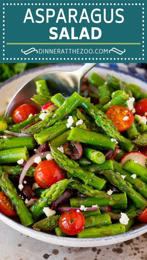 This asparagus salad is tender asparagus, tomatoes, olives, red onion and radishes, all tossed in a homemade dressing and topped with feta cheese. A unique and delicious springtime salad that is sure to get rave reviews! Best Asparagus, Tender Asparagus, Asparagus Salad Recipe, Fresh Salad Recipes, Asparagus Salad, Cold Salad, Veggie Salad, Homemade Dressing, Asparagus Recipe