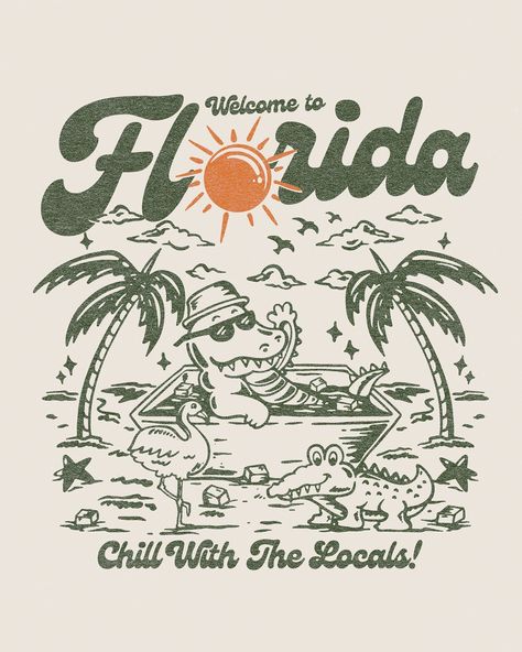 "Welcome to Florida" new work for Frigid Collective Here I made a picture themed around summer, with some cute characters around it. Thank you for the opportunity🫶🏻 (Dm for graphic inquires) Graphic Tee Illustration, Cool Graphic Tee Design, Printed Tshirt Designs, Florida Illustration, Summer Graphic Design, Tee Design Inspiration, Summer Shirt Design, Beach Shirt Design, Welcome To Florida