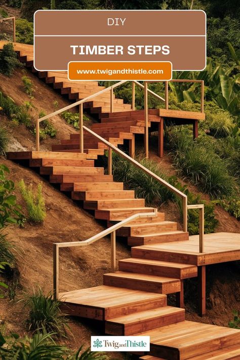 Discover creative designs for 3-step outdoor stairs that add both style and functionality to your exterior spaces. #CreativeDesigns #OutdoorStairs #DIYProjects #GardenIdeas #StylishOutdoor Steps On A Slope, Timber Steps, Stairs Designs, Exterior Handrail, Beach Stairs, Diy Exterior, Timber Stair, Wood Handrail, Entry Stairs