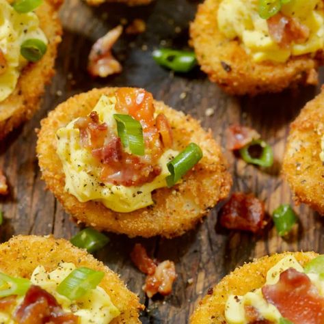 Fried Deviled Eggs | Foodtalk Deep Fried Deviled Eggs, Deviled Eggs With Bacon, Eggs With Bacon, Fried Deviled Eggs, Greek Seasoning, Deviled Eggs Recipe, Deviled Egg, Sweet Pickles, By The Beach