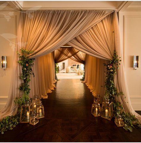 Draped grand entrance to your reception Backdrop Inspiration, Wedding Reception Entrance, Draping Ideas, Wedding Reception Hall, Reception Entrance, Reception Backdrop, Wedding Reception Backdrop, Wedding Ceremony Ideas, Indoor Reception