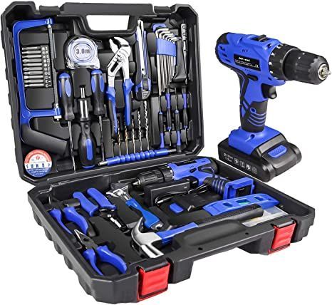 jar-owl 21V Tool Set with Drill, 350 in-lb Torque, 0-1350RMP Variable Speed, 10MM 3/8'' Keyless Chuck, 18+1 Clutch, 1.3Ah Li-Ion Battery & Charger for Home Tool Kit