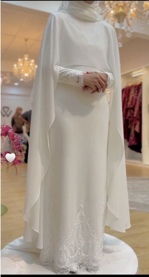 Cape Wedding Dress Hijab, Abaya For Nikah, Muslim Wedding Dress Hijab Bride Simple, Modest Nikkah Dress, Simple Engagement Dress Hijab, Nikkah Dress Simple, Muslimah Dress Wedding, White Abaya Wedding, Modest Wedding Dresses Hijab