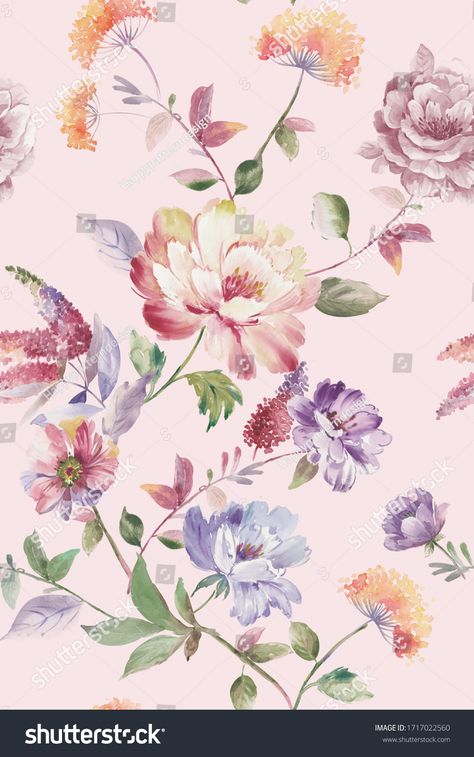 watercolor flower on the pink background is hand painted with delicate and delicate flowers Watercolor Flowers Allover, Honeysuckle Watercolor, Postcards Packaging, Watercolor Flower Illustration, Tropical Fabric Prints, Wallpaper Art Deco, Watercolor Flowers Pattern, Flower Print Pattern, Flower Drawing Design