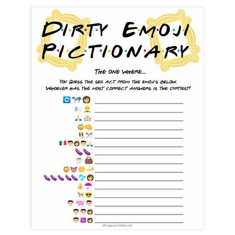 dirty emoji pictionary game, Printable bachelorette games, friends bachelorette, friends hen party games, fun hen party games, bachelorette game ideas, friends adult party games, naughty hen games, naughty bachelorette games Friends Bridal Shower Theme, Funny Bachelorette Games, Emoji Pictionary, Funny Bachelorette, Emoji Games, Bridal Games, Friends Bridal, Bridal Bachelorette Party, Bachelorette Games