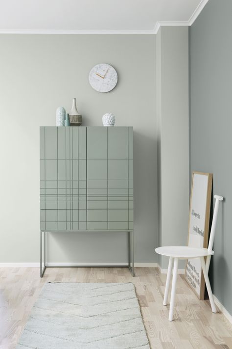 jotun 7555 SOFT MINT (Left Wall) 7163 MINTY BREEZE (Right Wall) Short Cabinet, Green Cabinet, Dekorasi Kamar Tidur, Green Interiors, Interior Furniture, Wall Color, Home Fashion, 인테리어 디자인, Wall Colors