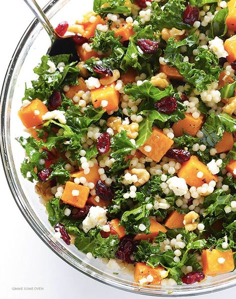 butternut squash kale and cranberry couscous recipe Cranberry Couscous, Butternut Squash Kale, High Protein Vegetarian Recipes, Keto Lasagna, Gimme Some Oven, Butternut Squash Recipes, Autumn Salad, Couscous Salad, Roasted Butternut