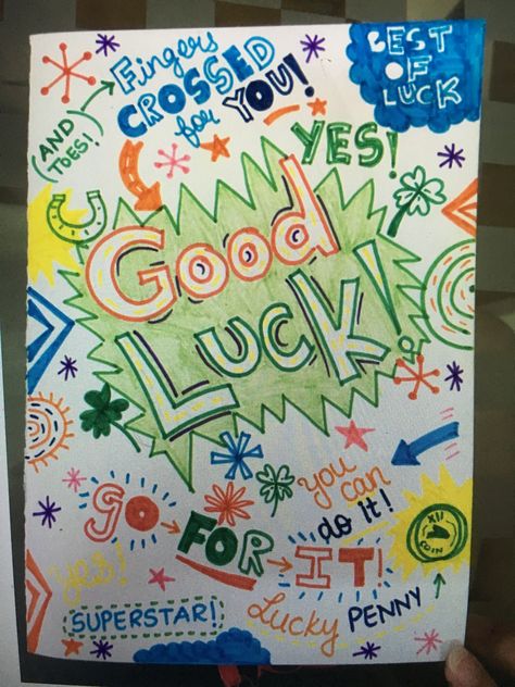 Diy Good Luck Cards Handmade, Good Luck Card Ideas Handmade, Good Luck Party Ideas, Diy Good Luck Cards, Good Luck Notes For Boyfriend, Good Luck Doodle, Good Luck Poster Ideas, Good Luck Posters, Good Luck Card Ideas