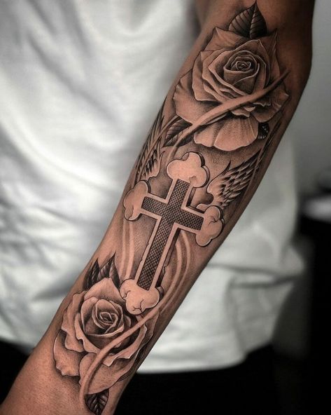 Cross Tattoo Ideas, Mangas Tattoo, Cross Tattoo For Men, Cross Tattoos, Forearm Tattoo Design, Forearm Sleeve Tattoos, Cross Tattoo Designs, Skeleton Hand Tattoo, Tattoos For Black Skin