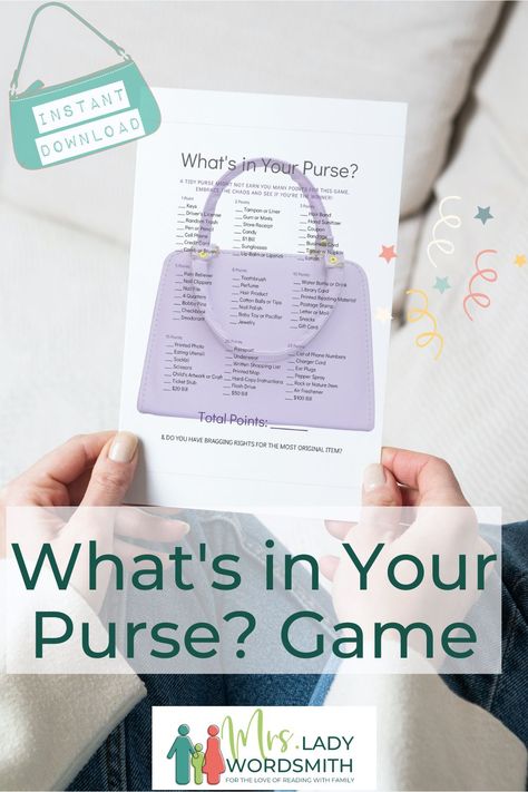 What's in Your Purse? Game - Mrs. Lady Wordsmith Purse Party Favors, Womens Group Activities, Games For Ladies, Womens Ministry Events, Tea Party Games, Army Wife Life, Fun Group Games, Purse Game, Ladies Luncheon