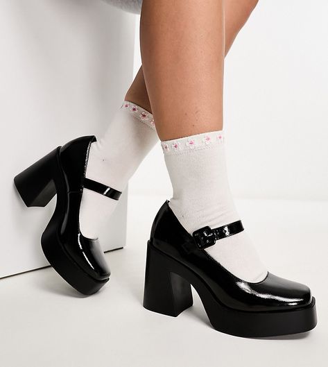 Shoes by ASOS DESIGN These shoes + you = solemates Adjustable strap Pin-buckle fastening Square toe Platform sole High block heel Hen Do Outfits, High Heel Loafers, Mary Jane Shoes Heels, Zapatos Mary Jane, Platform Block Heels, Platform Mary Janes, Wide Fit Shoes, Chunky High Heels, Mary Jane Heels