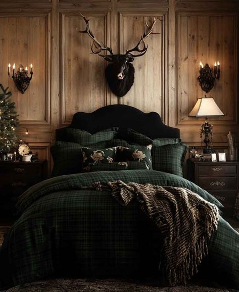 Flanel & Plaid Cabin-Chic Bedding Ideas for Winter - The Mood Guide Scottish Style Bedroom, Cabin Lodge Decor Ideas, Cabin Aesthetic Bedroom, Hunting Lodge Bedroom, Cozy Winter Cabin Aesthetic, Cabin Bedroom Aesthetic, Scottish Bedroom, Winter Cabin Aesthetic, Dorm Themes