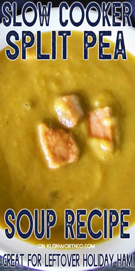 Easy Slow Cooker Split Pea Soup, another easy family dinner idea! It’s a hearty soup that everyone loves, loaded with ham this soup is delicious! Easy Split Pea Soup, Slow Cooker Split Pea Soup, Split Pea Soup Recipe, Easy Family Dinner, Pea And Ham Soup, Hearty Soup, Split Pea Soup, Slow Cooker Recipes Healthy, Pea Soup