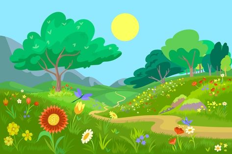 Hand drawn design beautiful spring lands... | Free Vector #Freepik #freevector #spring-wallpaper #spring-season #spring #spring-background Hello Spring Wallpaper, Spring Cartoon, Frühling Wallpaper, Watercolor Flower Background, Beautiful Scenery Photography, Kids Background, Spring Kids, Spring Background, Powerpoint Background Design