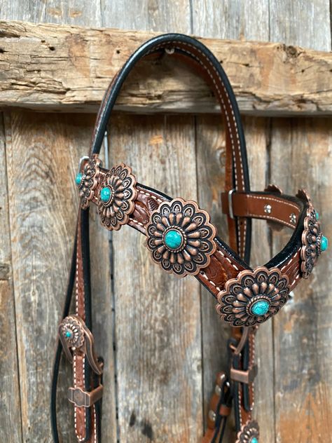 "Browband and breastcollar is medium oil floral tooled and V-Brow style. They are decorated with copper turquoise western conchos/buckles.  Browband measure 44\" bit to bit at the longest setting. The breastcollar is regular horse size. Buy Together or Separate  BROWBAND ONLY - $320.00 BREASTCOLLAR ONLY - $385.00 BROWBAND TACK SET -$705.00" Teal Horse Tack Western, Turquoise Horse Tack, Horse Things To Buy, Tack Sets Western, Western Horse Tack Turquoise, Horse Tack Western, Bling Tack Sets, Brow Style, Western Riding Tack