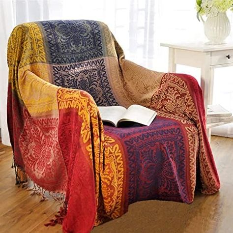 amorus Boho Sofa Cover, Chenille Jacquard Tassels Throw Blankets for Couch Bed, Decorative Sofa Slipcover Protector - Colorful Tribal Pattern (L,86 * 102inch) Western Boho Blankets, Hippy Throw Blanket, Indian Blanket Couch, Indian Throw Blanket, Red Bohemian Shawl With Woven Motifs, Blankets For Couch, Boho Sofa, Sofa Slipcover, Sofa Cover