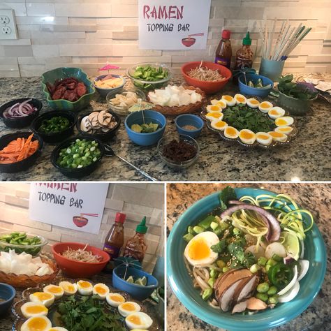 Ramen Noodle Buffet, Asian Noodle Bar Party, Ramen Noodle Station, Instant Ramen Bar Party, Cosplay Party Ideas, Ramen Dinner Party, Top Ramen Birthday Party, Anime Birthday Food Ideas, Naruto Birthday Party Food Ideas