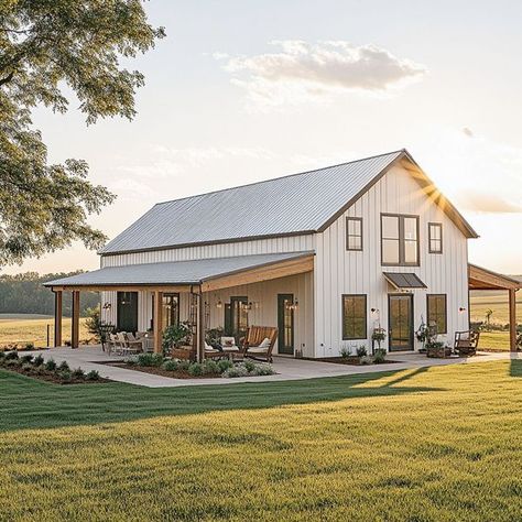 Metal Building Homes White Shop House, Brown Barndominium Exterior, 2 Story Barndominium Ideas Exterior, Barndominium With Pool, White Barndominium, Barndominium Exterior, 2 Story Barndominium Ideas, Barn Plan, Ranch House Exterior