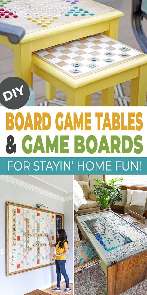 Make one of these board game tables or game boards and reconnect more with your friends and family. Lots of ideas and DIY projects for you! #boardgametables #gameboards #diygames Diy Game Table Ideas, Board Game Pieces Diy Craft Ideas, Making A Board Game Project, Game Table Ideas, Coffee Tables For Board Games, Diy Board Games For Teenagers, Game Table, Old Game Boards Upcycle, Board Game Room