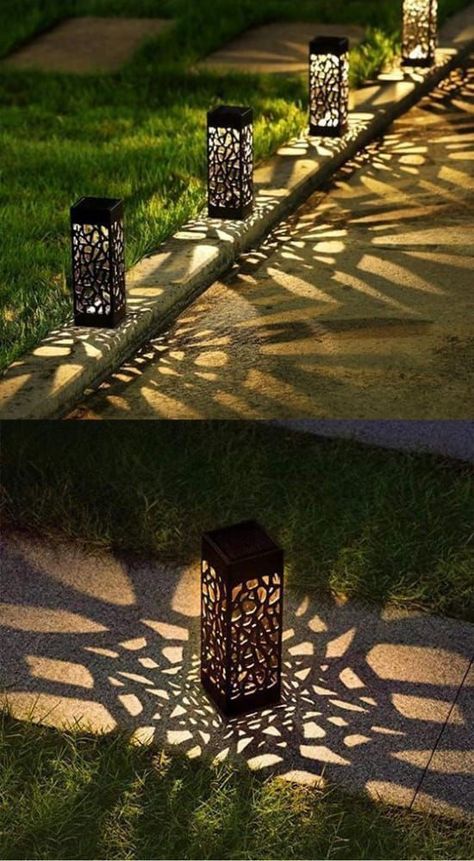 Very pretty lamps ideas Garden Lighting Design, Gate Lights, Solar Lanterns, Outdoor Gardens Design, Solar Lights Garden, Landscape Lighting, Backyard Landscaping Designs, Small Garden, Garden Lighting