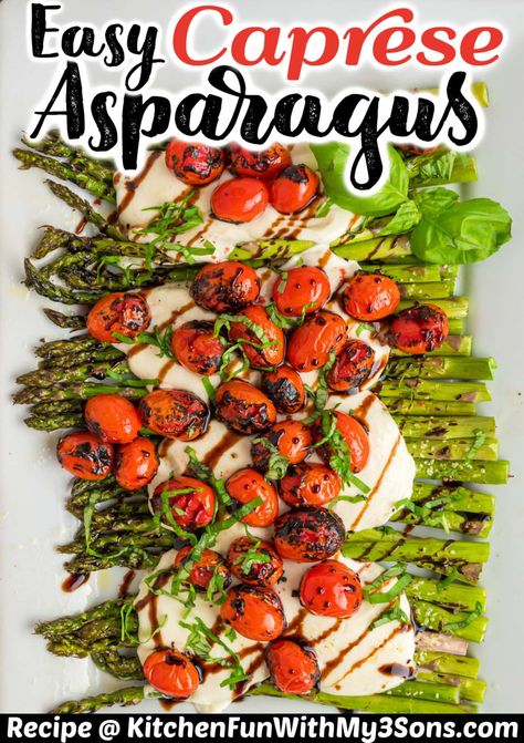 This recipe for Caprese Asparagus is a crowd-pleaser! The crisp roasted asparagus pairs perfectly with blistered tomatoes, melted mozzarella, and fresh basil. Caprese Asparagus, Vegetable Appetizer, Salad Bites, Recipes With Mozzarella Cheese, Blistered Tomatoes, Best Asparagus Recipe, Mediterranean Appetizers, Yummy Dinner Recipes, Asparagus Casserole