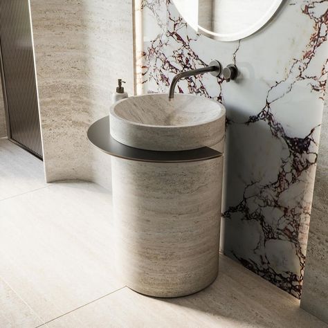 designer_zain | Excited to showcase the stunning combination of Travertine stone and Viola marble in my new hand wash area design! Design and… | Instagram Small Hand Wash Area Design, Small Power Room, Hand Wash Area Design, Wash Area Design, Hand Wash Area, Washroom Small, Small Powder Bathroom, Marble Interior Design, Travertine Bathroom