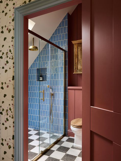 Cotswolds Cottage Blue Red Bathroom, Hoxton Hotel Bathroom, London Flat Bathroom, Roses Bedroom, Sims Hilditch Bathroom, Green Celestial, Bathroom London, Interiors 2024, Ashes Of Roses