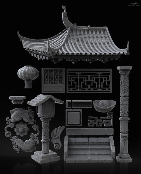 ArtStation - Chinese pack, YURIY ROMANYK Chinese Buildings, Chinese House, Ancient Chinese Architecture, China Architecture, Chinese Element, Japan Architecture, Asian Architecture, Ancient Greek Architecture, Chinese Design