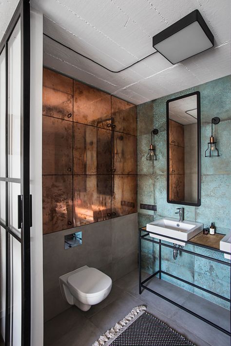 Moody Industrial Bathroom, Copper In Bathroom, Copper And Blue Bathroom, Copper Green Bathroom, Industrial Interior Design Bathroom, Dark Industrial Bathroom, Bathroom Ideas Industrial, Industrial Loft Bathroom, Patina Interior Design