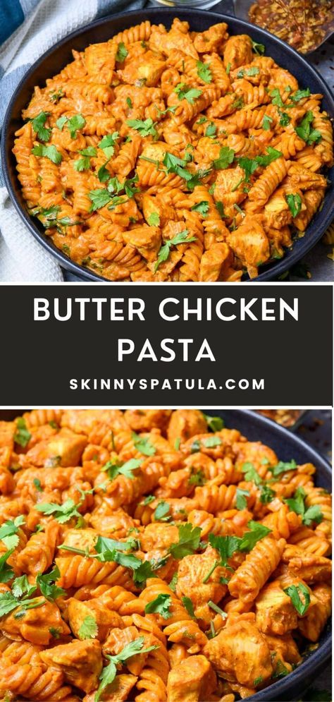 Creamy Butter Chicken Pasta, Butter Chicken Pasta Bake, Chicken Recipes For Pasta, Chicken Pasta Lunch Ideas, Simple Chicken Pasta Recipes Easy Meals, All Food Group Meals, Budget Friendly Meals For One, Different Cuisine Recipes, Healthy Pasta Dishes With Chicken