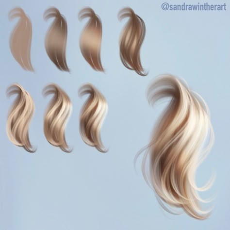 How Drawing Hair, Hair Painting Reference, Painting Hair Digital, How To Draw Blonde Hair, Shading Hair Digital, Coloring Hair Digital Art, How To Paint Hair Digital, Blond Hair Drawing, Digital Painting Hair