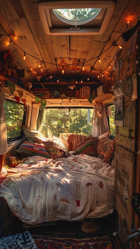 Dreamy van life under fairy lights ✨✨ #VanLife #BohoMood #FairyLights #vanlife #mood Van Life Sunset, Fairy Lights In Caravan, Cosy Van Life, Van Life Decor Ideas, Van Set Up Ideas, Van Life Interior Aesthetic, Witchy Van Life, Cottagecore Van Life, New Camper Decorating Ideas