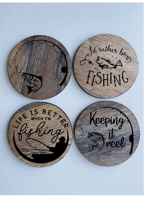 "Set of 4 laser engraved and cut coasters. 3.5\" diameter coasters fit nicely anywhere and are made from a laminate to offer superior durability." Costers Diy Cricut, Wooden Engraved Coasters, Slate Coasters Engraved, Engraved Coaster Ideas, Coaster Engraving Ideas, Engraved Slate Coasters, Laser Engraving Ideas To Sell, Cricut Coaster Ideas, Wood Coaster Ideas