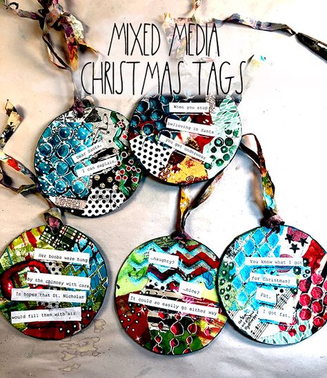 Chipboard coaster into mixed media Christmas tags tutorial. www.shawnpetite.com Mixed Media Christmas, Christmas Tags Handmade, Mixed Media Diy, Gel Printing, Art Trading Cards, Crafty Christmas, Christmas Mix, Mixed Media Crafts, Mixed Media Tags