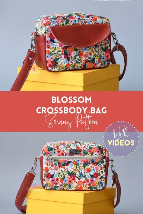 Blossom Crossbody Bag sewing pattern (with video). This is a great small bag that can be used everyday. You can fill it with just your essentials and use it all day. If you want, you can use dressy fabrics, and this can make your Blossom Crossbody Bag a great night out or special occasion bag. SewModernBags Diy Small Leather Bag, Small Shoulder Bag Pattern, How To Sew A Crossbody Bag, Crossbody Bag Diy Pattern, Crossbody Sewing Pattern, Crossbody Bag Pattern Free Sewing, Free Crossbody Purse Sewing Patterns, Free Purse Sewing Patterns, Free Crossbody Bag Sewing Pattern