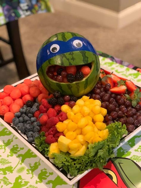 Teenage Ninja Turtles Birthday Party, Ninja Turtle Breakfast, Diy Ninja Turtle Birthday Decorations, Ninja Turtle Birthday Snacks, Teenage Mutant Ninja Turtle Food Ideas, Ninja Turtle Watermelon, Teenage Mutant Ninja Turtles Theme Party, Nina Turtle Birthday Party, Ninja Turtle 40th Birthday