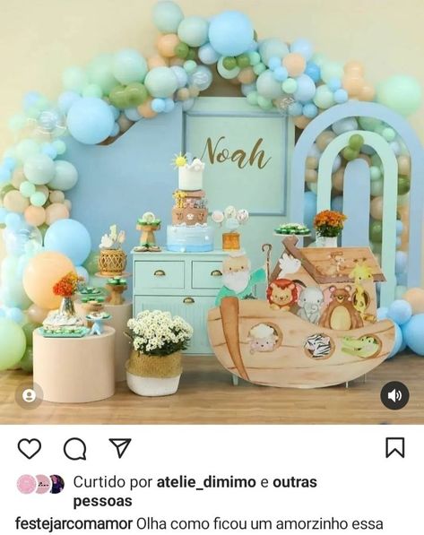 Noah’s Ark Party Decor, Noahs Ark Baby Shower Theme, Noah Ark Baby Shower Ideas, Noah’s Ark Baby Shower Theme, Twin Birthday Themes, Noahs Ark Party, Noahs Ark Theme, Noahs Ark Baby Shower, 1st Birthday Balloons