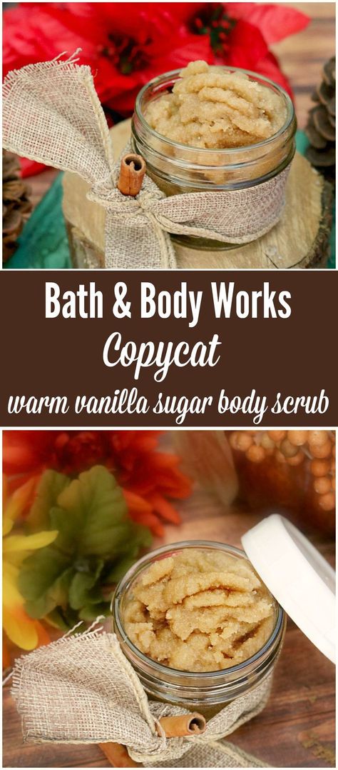 warm vanilla sugar body scrub-  bath and body works copy cat recipe.  So easy, smells amazing.  Great homemade gift idea Vanilla Sugar Scrub, Scrub Recipe Diy, Diy Body Scrubs, Diy Scrubs, Warm Vanilla Sugar, Bath & Body Works, Bath Scrubs, Body Scrub Recipe, Sugar Scrub Homemade