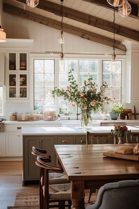 Illuminate Your Dining Area with Farmhouse Kitchen Lighting - Quiet Minimal Farmhouse Kitchen With Breakfast Nook, Minimal Country Kitchen, Cottage Kitchen Island Ideas, Table Next To Island, Modern Farmhouse Decor Dining Room, Elegant Farmhouse Kitchen, Modern Rustic House, French Country Kitchen Designs, Inviting Kitchen