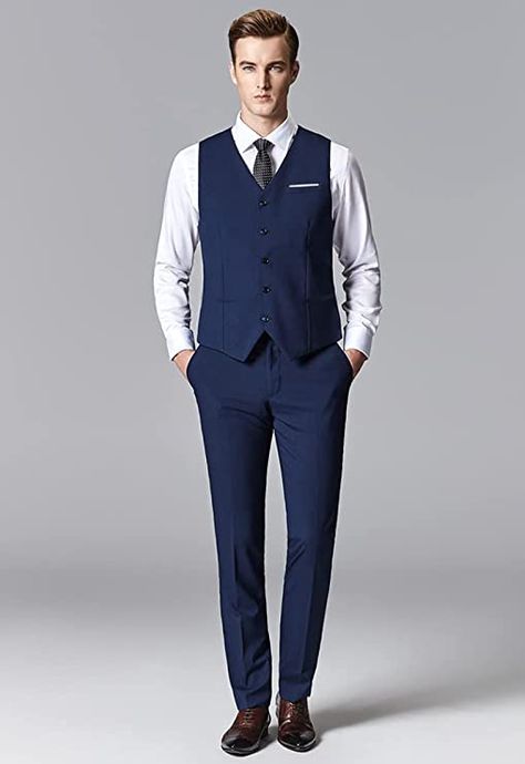 Men Suit Waistcoat Vest Formal Mens Vest Navy Blue Wedding Business Slim Fit Tuxedo Suit Waistcoat Dress Vest for Men L at Amazon Men’s Clothing store Navy Blue Waistcoat Men, Vest Pria, Blue Vest Outfit, Blue Coat Pant, Deep Blue Suit, Blue Suit Vest, Debut Gown, Wedding Formal Dress, Mens Formal Vest