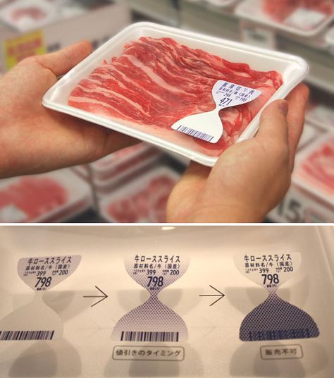 Freshness Label: Japanese design agency To-Genkyo proposes a dynamic freshness label for meat products. The hourglass-shaped label contains special ink that changes color based on the amount of ammonia emitted by the meat (the older the meat, the more ammonia it releases). Elegant detail: When the meat is no longer suitable for sale, the ink blocks the barcode at the bottom so that it cannot be scanned at the cash register. Smart Packaging, Japanese Packaging, Innovative Packaging, Graphic Design Company, Food Packaging Design, Packing Design, Sustainable Packaging, Creative Packaging, Food Labels