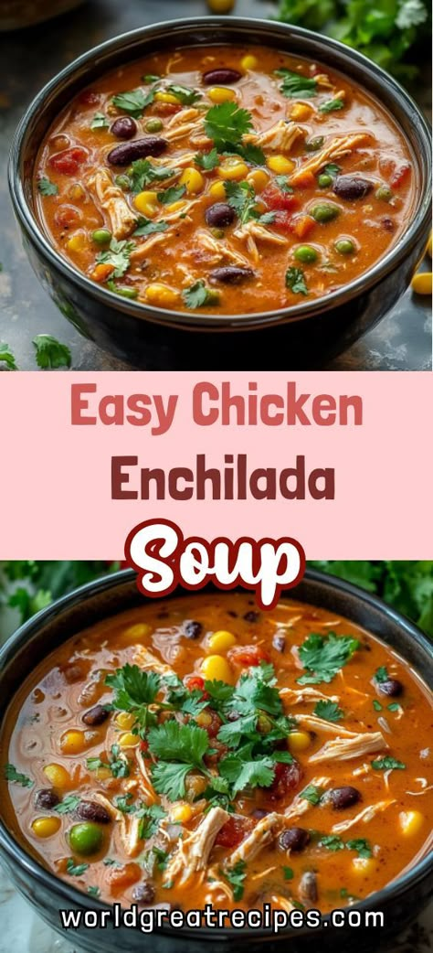 Make dinner a breeze with this easy chicken enchilada soup! Combining the rich flavors of enchilada sauce, juicy chicken, and a medley of beans and spices, it’s a satisfying dish the whole family will love. Ready in just minutes, this recipe is perfect for meal prep or quick dinners. Garnish with shredded cheese, lime, or crispy tortilla strips to elevate this easy chicken enchilada soup to the next level of deliciousness. Easy Chicken Enchilada Soup, Filling Soups, Keto Mexican Food, Christmas Ornament Exchange, Light Dinner Ideas, Chicken Enchilada Soup Recipes, Light Soup, Enchilada Soup Recipe, Cozy Soups