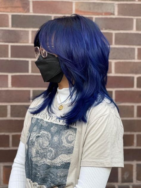 Ink Blue Hair Color, Dark Roots Blue Hair, Blue Shaggy Hair, Black Roots Blue Hair, Blue Calico Hair, Blue Alt Hair, Blue Hair Wolf Cut, Blue Hair Pale Skin, Blue Layered Hair