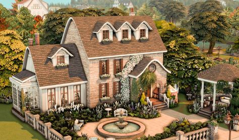 Sims 4 Stone Cottage, Sims House Plans Cottage, Sims 4 Cottage House Ideas, Sims 4 Cottage Mansion, Sims 4 Houses Henford On Bagley, Cottage Core Sims House, Sims 4 European House, Henford On Bagley House, Sims 4 Brick House